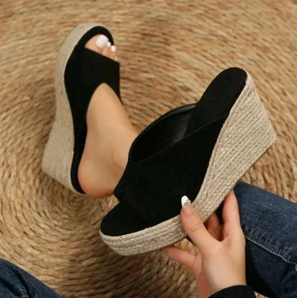 Minimalist Espadrille Faux Suede Wedge Slide Sandals - Picture 6 of 8